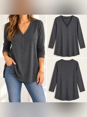 Mario Serrani Italy L Gray Super Soft Henley V Neck Stretch Tunic Top